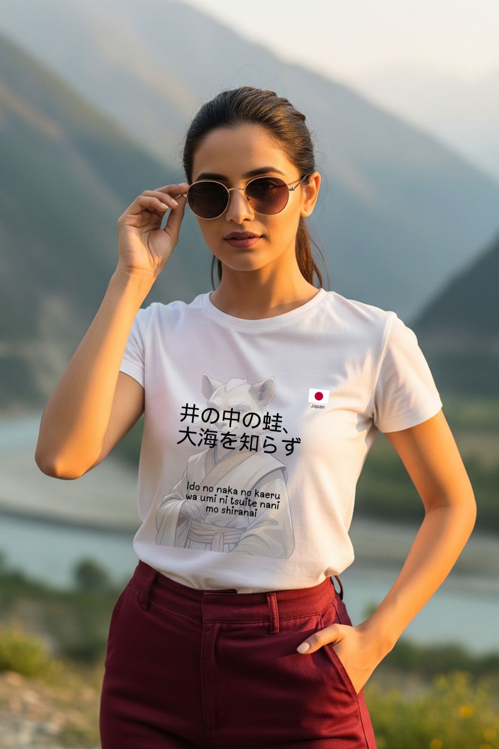 A woman modeling ZUPPI's "A frog in a well knows nothing about the sea" white T-shirt, posing with her hands in her pockets against a mountain background