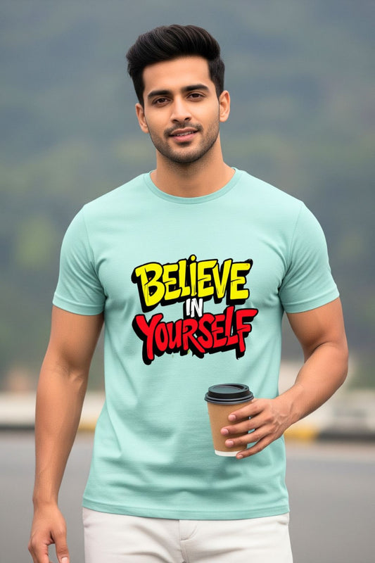 Mint green t-shirt with "Believe In Yourself" slogan for men