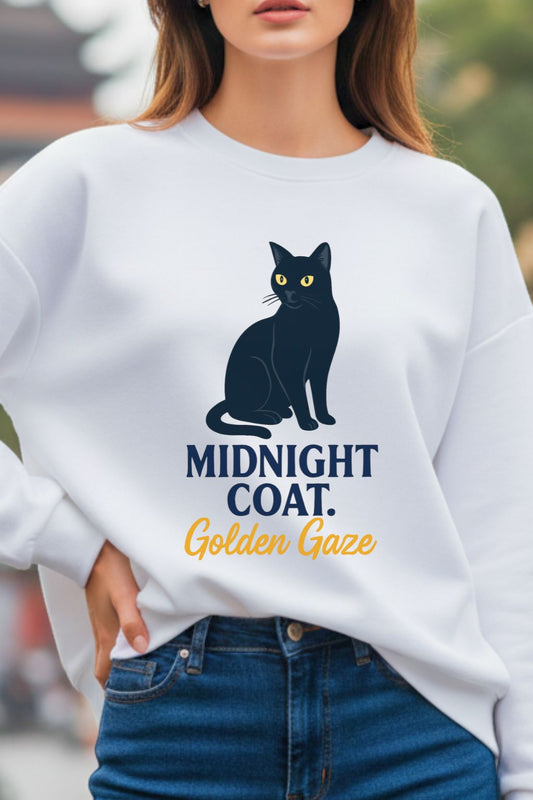 close up of a white oversized sweatshirt with a black cat graphic and text worn by a man outdoors.