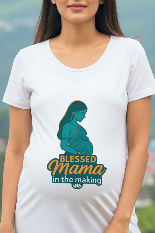 close up of a woman wearing a white maternity dress with a 'Blessed Mama in the Making' graphic design.