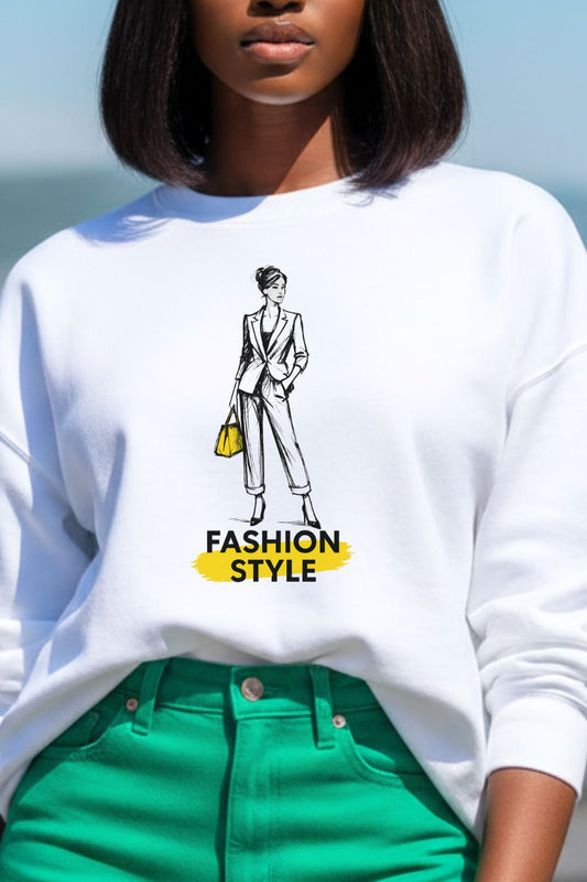 close up of a woman wearing a white oversized sweatshirt with a fashion-themed graphic and text.