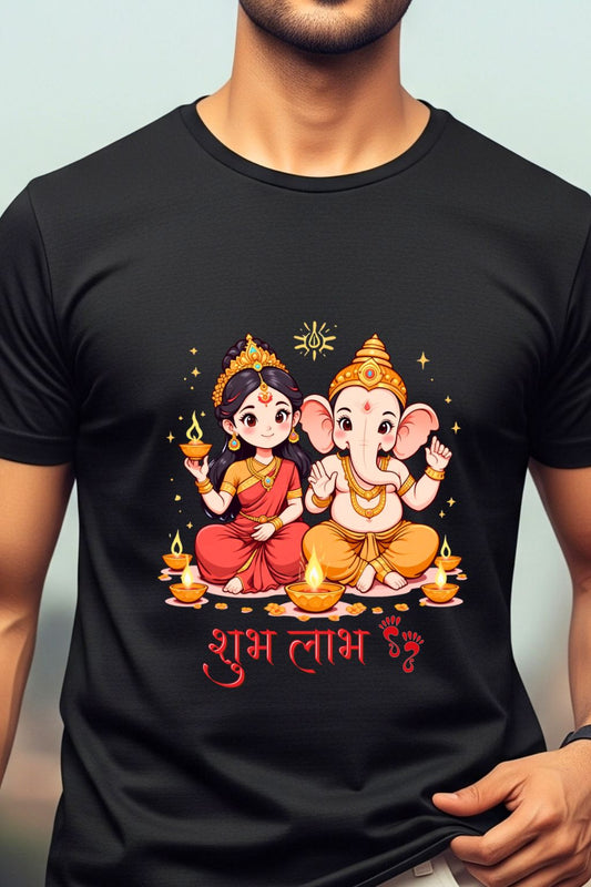 Close-up of a black t-shirt showing a detailed cartoon graphic of Lakshmi and Ganesha. Highlights the intricate lines and vibrant colors of the design.