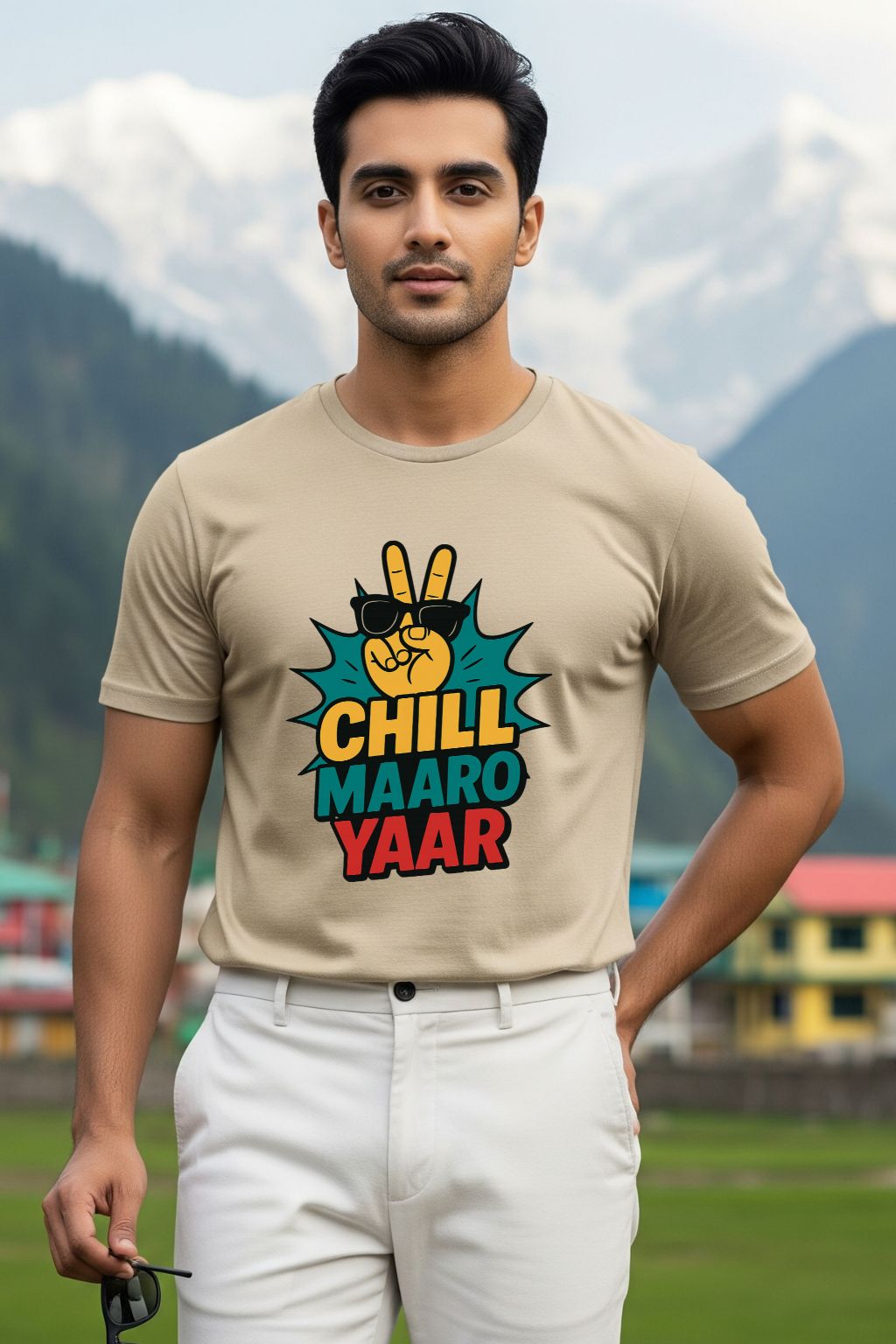 Beige t-shirt for men with the phrase "Chill Maro Yaar" in a colorful, fun font, perfect for casual Indian street style or a relaxed, travel-themed look.