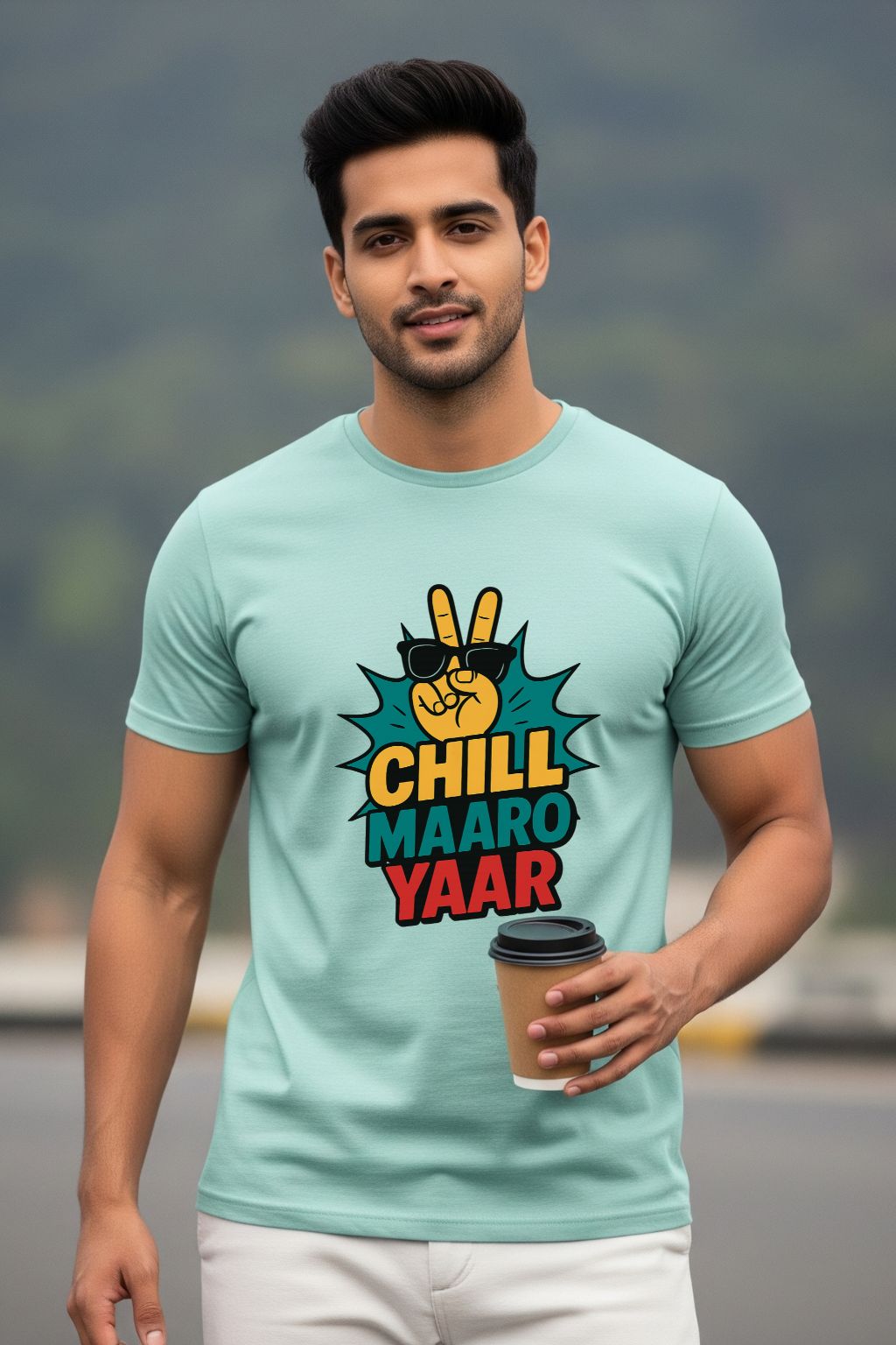 Mint green t-shirt for men with the phrase "Chill Maro Yaar" in a colorful, fun font. Perfect for a cool, casual look.