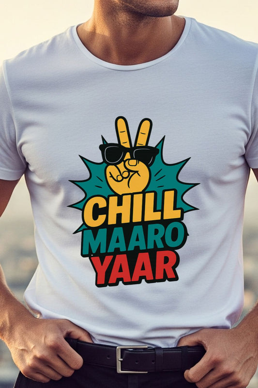 Close-up of the 'Chill Maro Yaar' graphic on a white t-shirt, showcasing the detailed, colorful design and fun typography.