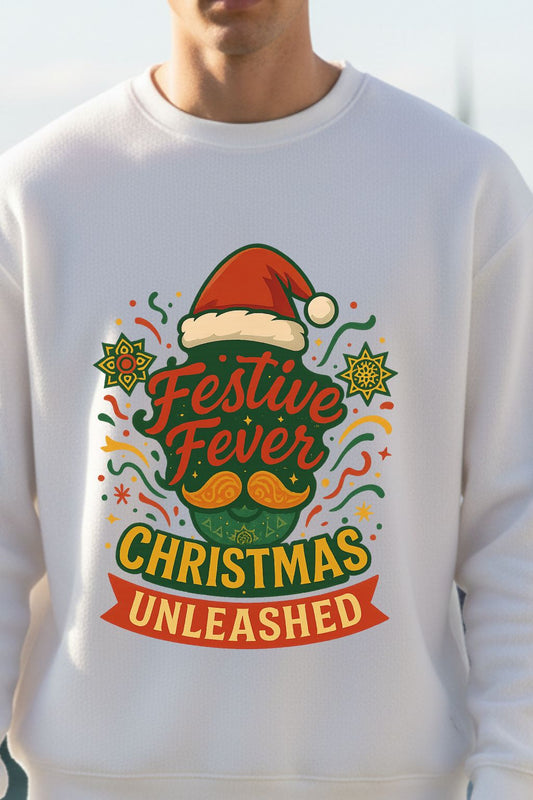 White sweatshirt with festive design featuring a Santa hat and Christmas-themed text.