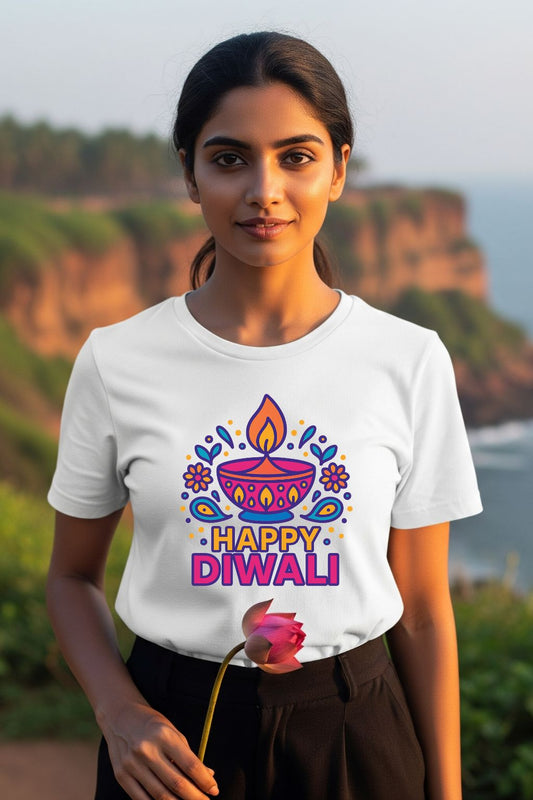 White t-shirt for men, featuring a vibrant, colorful Diya graphic and "Happy Diwali" text. Perfect for celebrating the Indian Festival of Lights.
