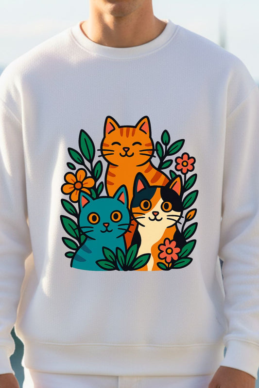 White sweatshirt with colorful cat and flower design on a white background