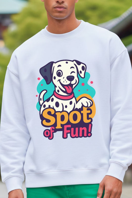 close up of a man wearing a white oversized sweatshirt with a Dalmatian graphic and 'Spot of Fun!' text.