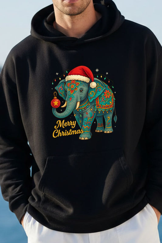 Black hoodie with a colorful elephant design and 'Merry Christmas' text, worn by a person.