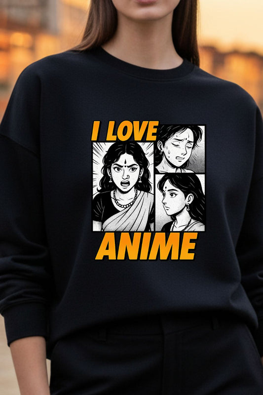 Close up of a woman wearing a black sweatshirt with anime-themed design and text.
