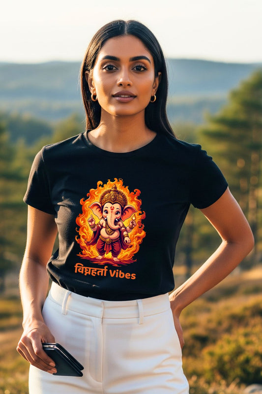 Black t-shirt featuring a colorful graphic of the Hindu deity Lord Ganesha.