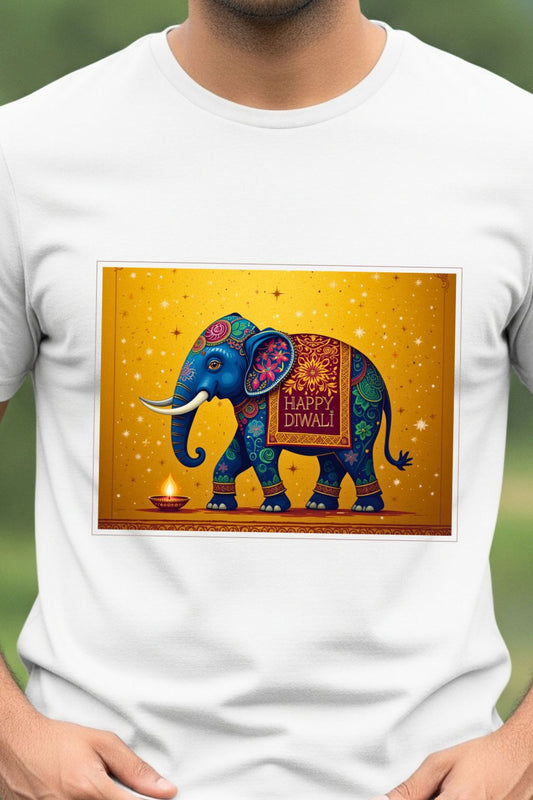 Close-up of a colorful elephant and diya art design on a white Diwali t-shirt