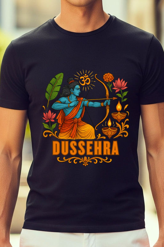 Close-up of a black Dussehra t-shirt for men, with a detailed, colorful graphic of Lord Rama. Perfect apparel for Hindu festival celebrations.