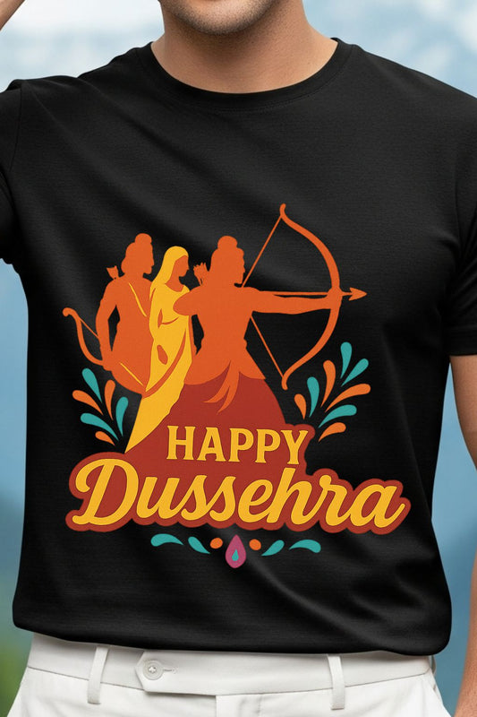 Black t-shirt with 'Happy Dussehra' design featuring two figures and a bow on a blue background.