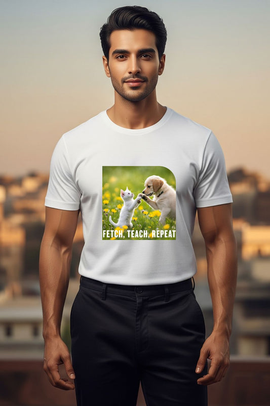 ZUPPI's "Fetch, Teach, Repeat" white t-shirt, featuring a graphic of a dog and a cat, worn by a man.