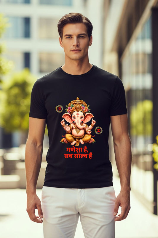ZUPPI men's black t-shirt featuring a vibrant Floral Crown Ganesha design, modeled by a man in an outdoor setting.