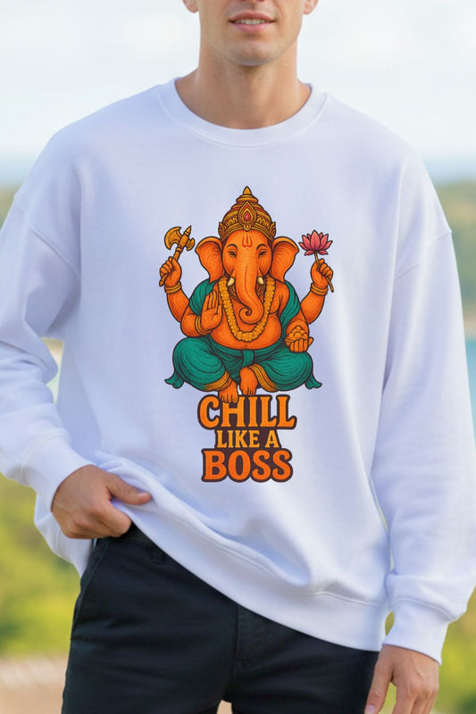 close up of a man wearing a Ganesha_Chill_Boss_White_Oversized_Sweatshirt