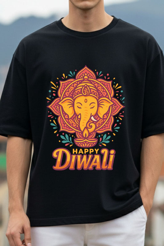 Man wearing a black t-shirt with a 'Happy Diwali' design featuring an elephant head.