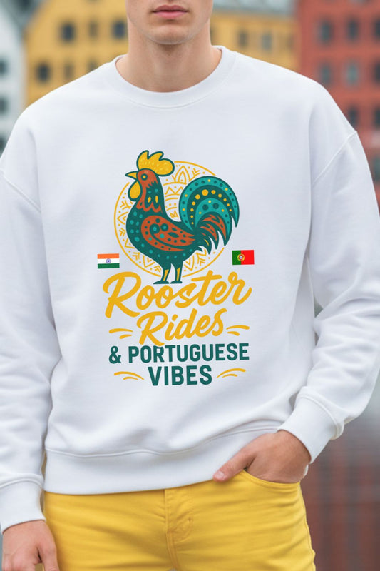 close up of a man wearing a white sweatshirt with a rooster graphic and text in front of a blurred cityscape.