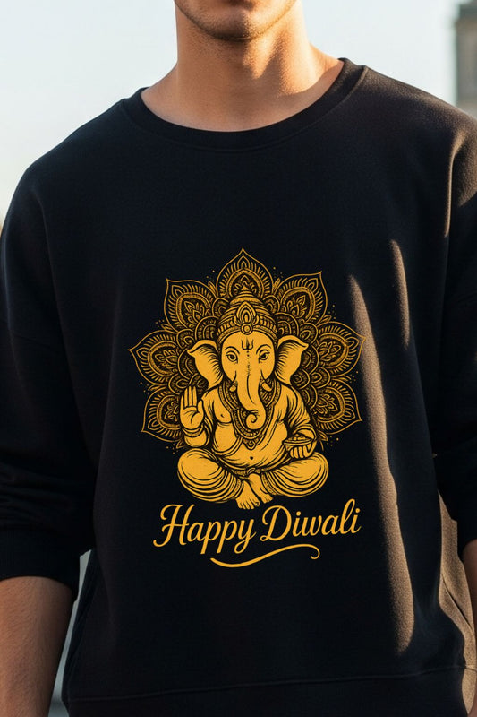Black sweatshirt with yellow Ganesh design and 'Happy Diwali' text
