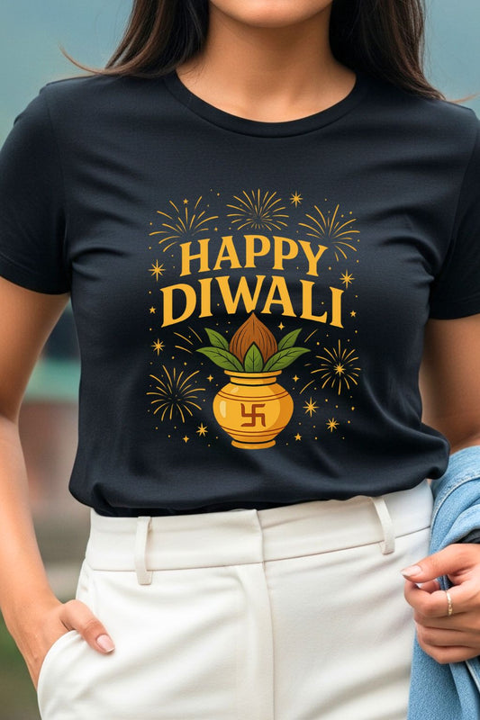 Close-up of the 'Happy Diwali' graphic on a black t-shirt, showcasing the intricate golden Kalash and firework design.