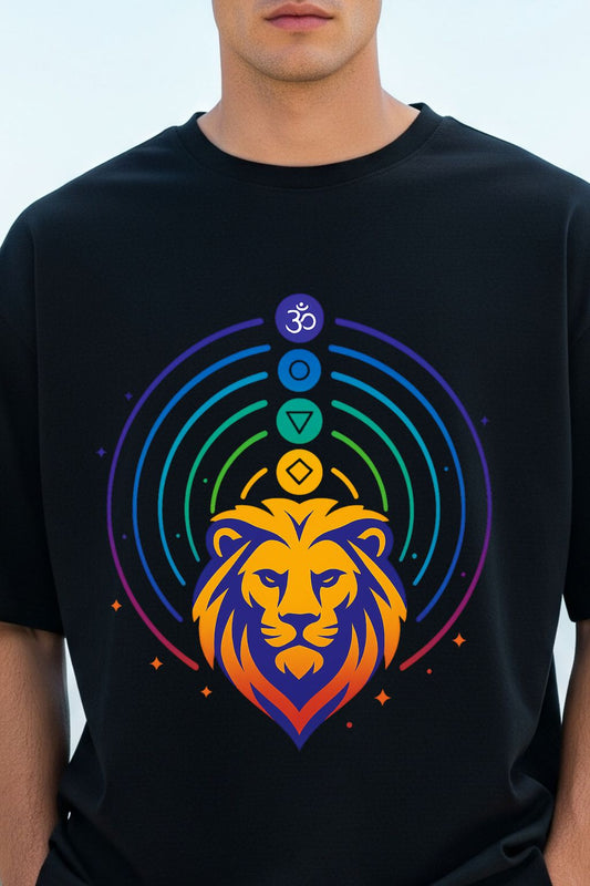 Man wearing a Black t-shirt with a colorful lion graphic and symbols on a light blue background