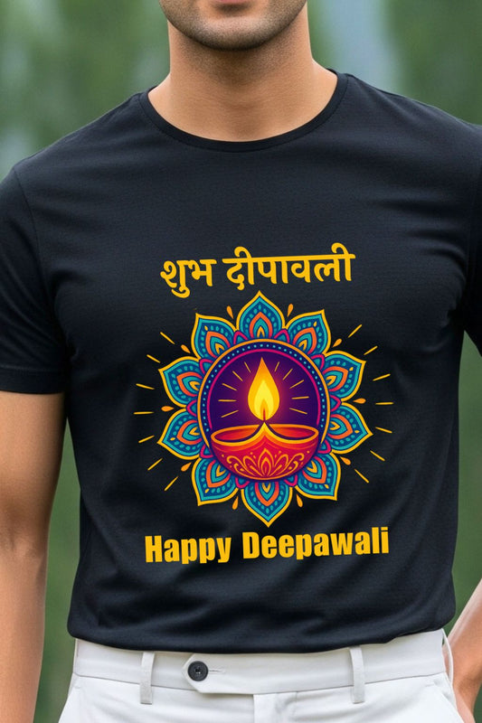 A detailed close-up shot of the ZUPPI black t-shirt, highlighting the Happy Diwali text and the intricate diya (oil lamp) graphic.