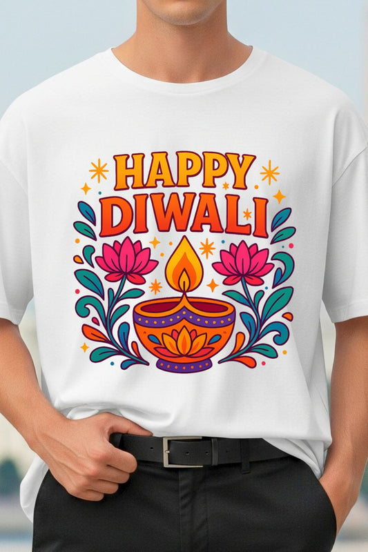 Man wearing a white t-shirt with 'Happy Diwali' design featuring a colorful diya and flowers.
