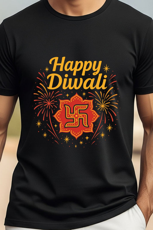 Close-up of a black t-shirt's Diwali-themed design, showcasing the detailed gold Swastika and text along with fireworks.