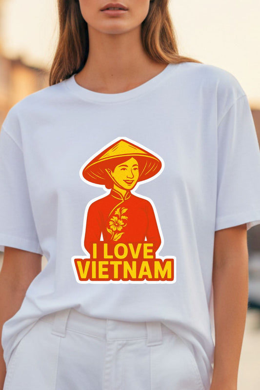 Woman wearing a white t-shirt with an 'I Love Vietnam' graphic design.