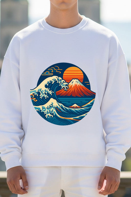 Close up of a white sweatshirt with a graphic design of a wave and mountain, worn by a man.