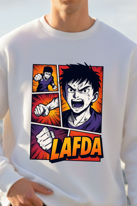 White sweatshirt with a colorful graphic design featuring a character and the word 'LAFDA'.