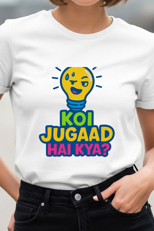 Close-up of the 'Koi Jugaad Hai Kya?' design on a white t-shirt, highlighting the vibrant colors and detailed vintage-style illustration.
