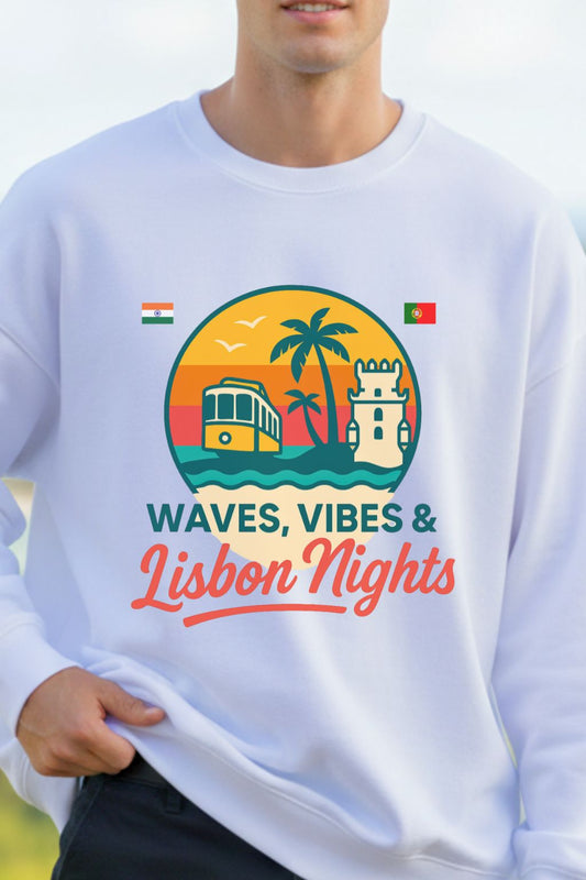 close up of an oversized White sweatshirt with a colorful graphic and text 'Waves, Vibes & Lisbon Nights' worn by a man.