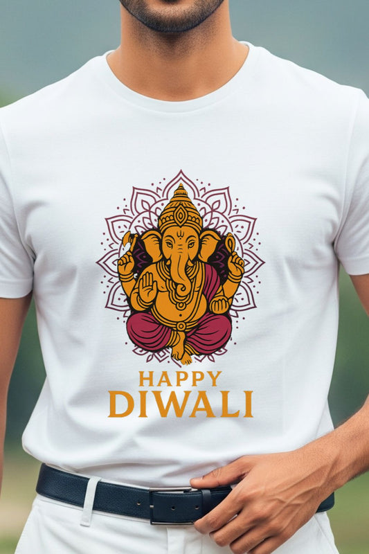 Man wearing a white t-shirt with a Ganesha design and 'Happy Diwali' text.