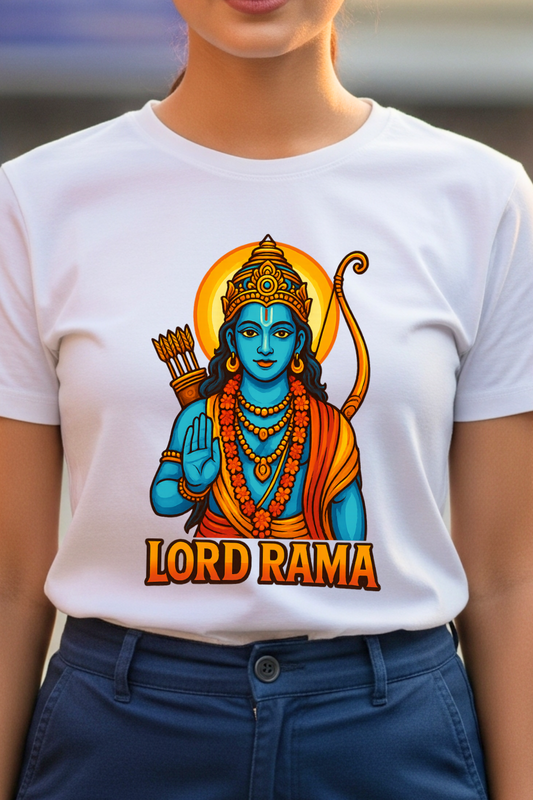 Woman wearing White t-shirt with Lord Rama graphic design