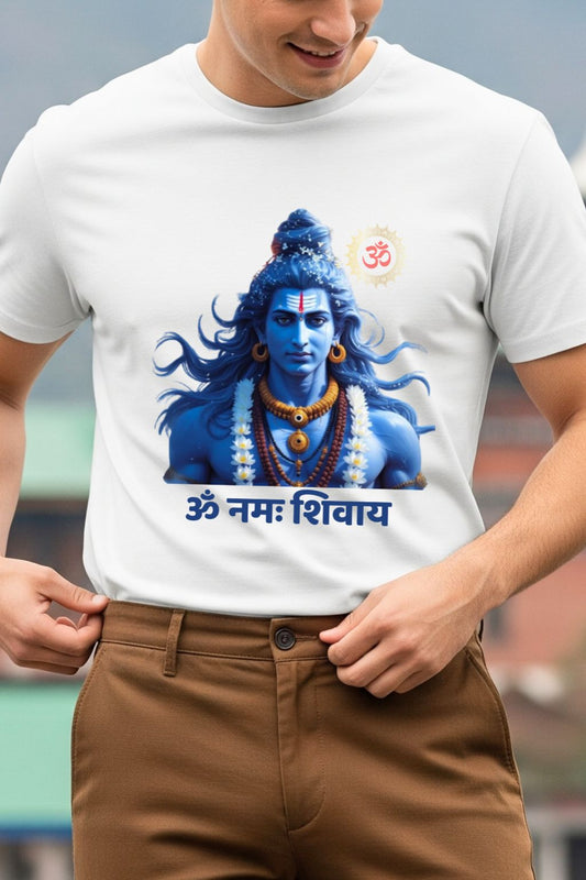 Close-up of the graphic print on a white t-shirt, showing the detailed Lord Shiva and sacred Sanskrit shloka design.