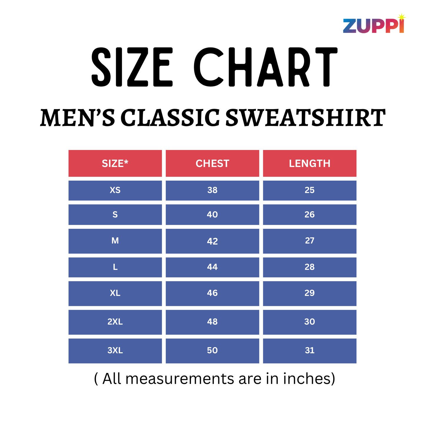 Size chart for men's classic sweatshirt with Zuppi branding