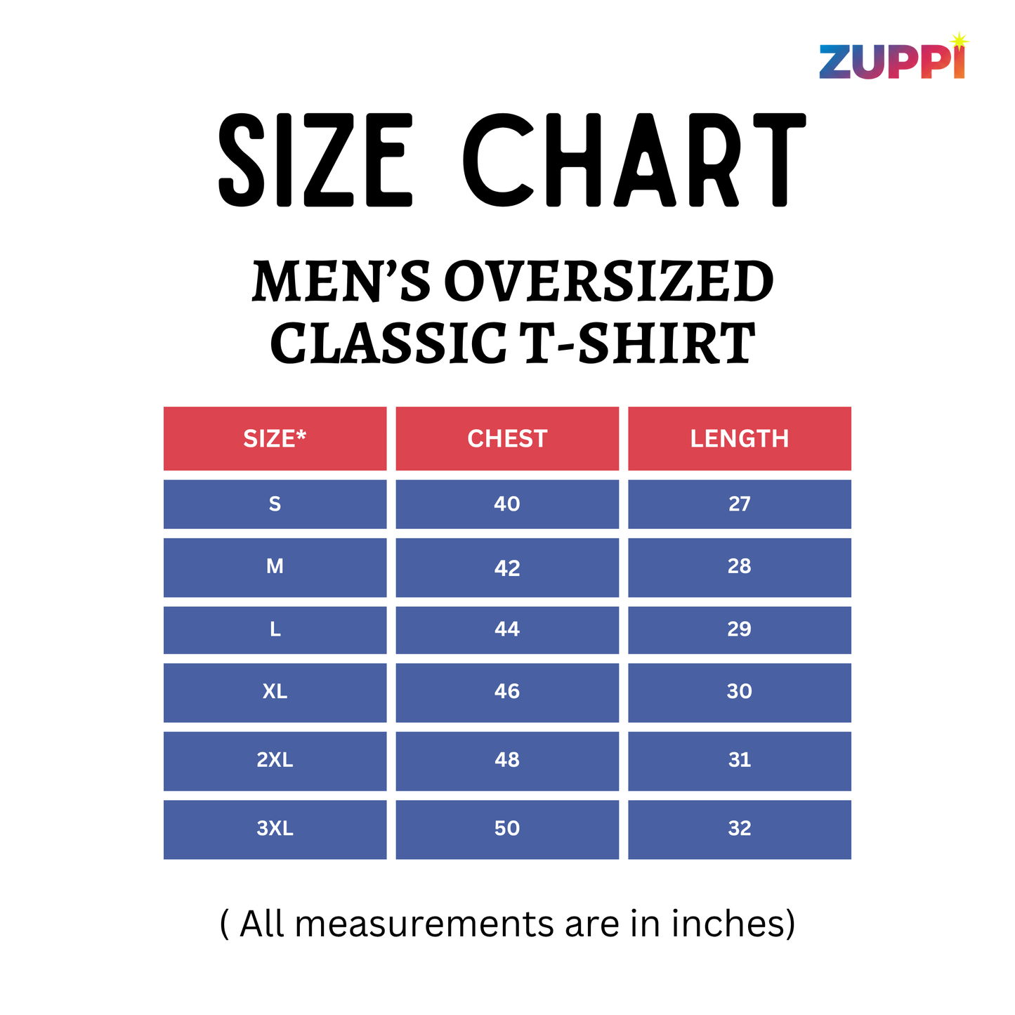 Size chart for men's oversized classic t-shirt with Zuppi branding