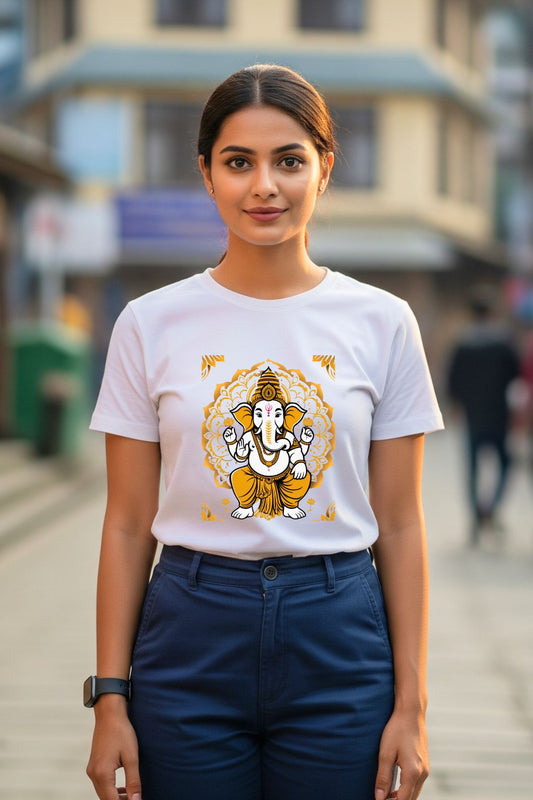 Woman modeling the ZUPPI Mandala Ganesha white t-shirt, featuring a yellow Ganesha with a detailed mandala design, while standing on a street.