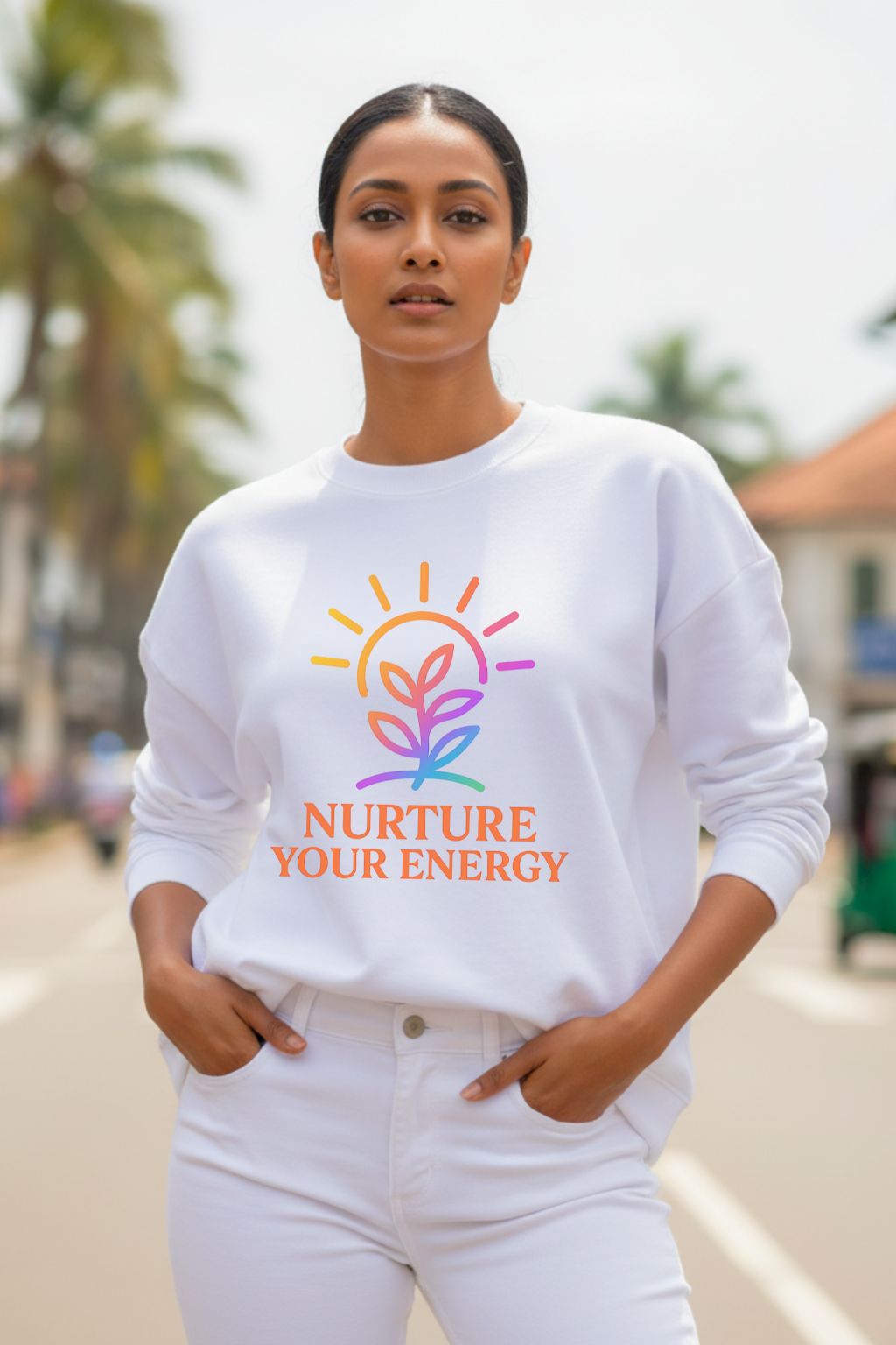 Woman wearing a white oversized sweatshirt with a colorful design and text outdoors.
