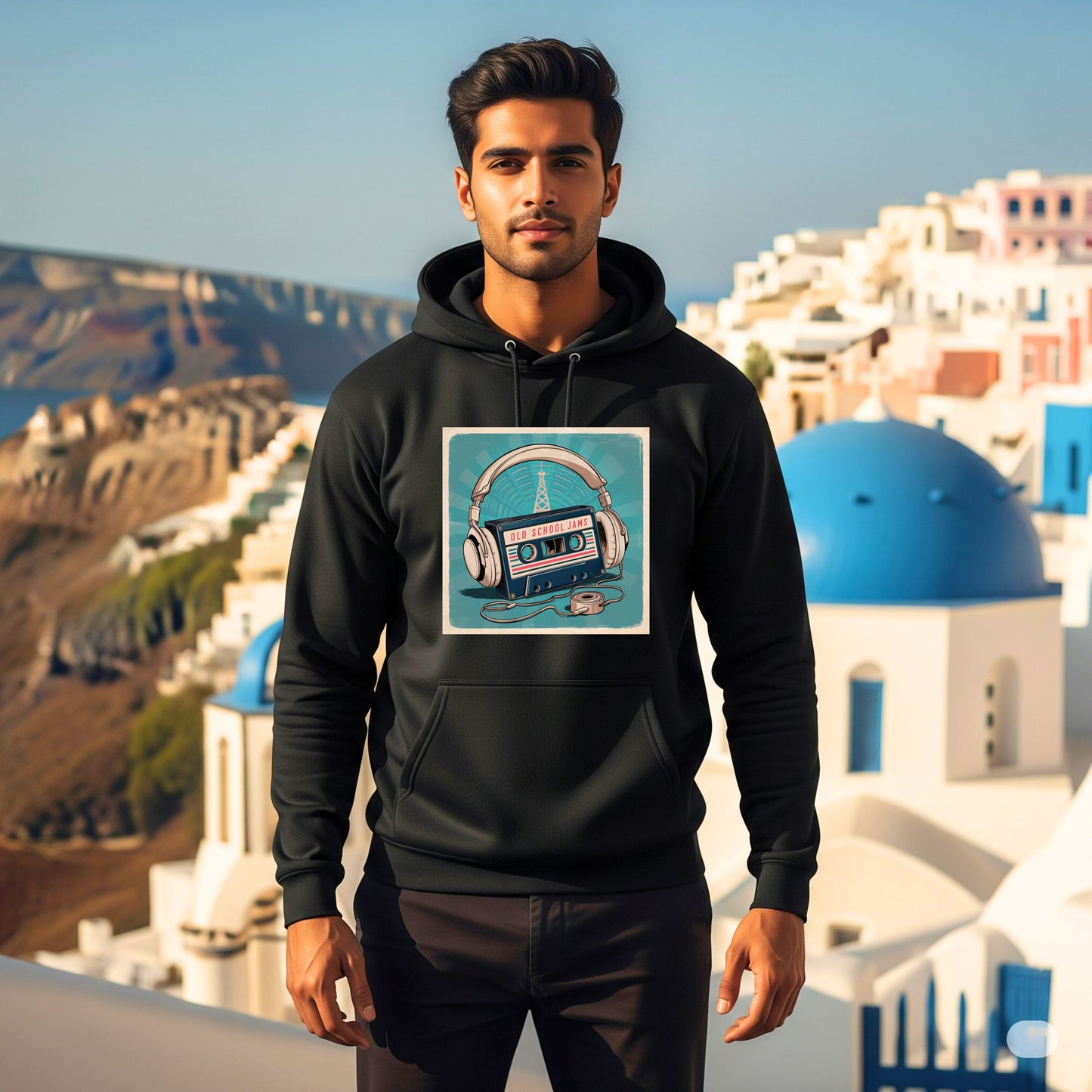 Young man modeling the Old School Jams black hoodie from ZUPPI, featuring a vintage-style graphic, with a beautiful Santorini backdrop
