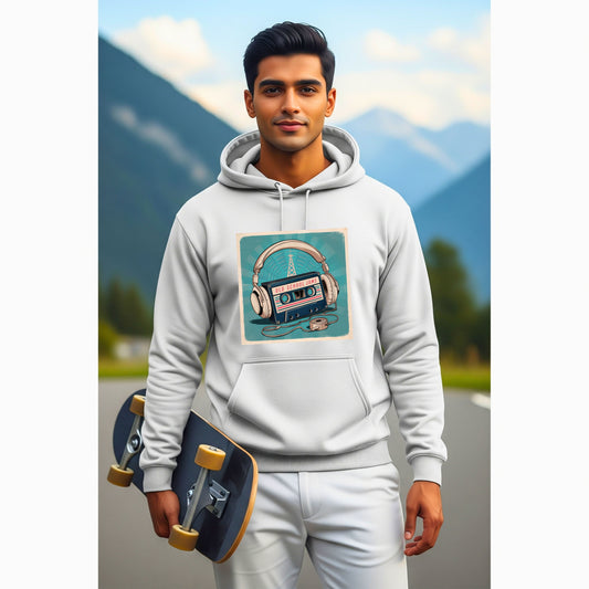 Young man modeling the "Old School Jams" white hoodie from ZUPPI, featuring a vintage-style graphic, while holding a skateboard.