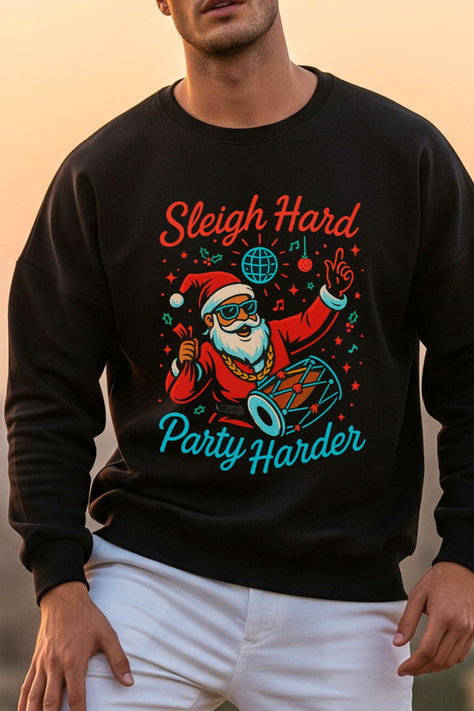 Black oversized sweatshirt with a festive design featuring Santa Claus and text 'Sleigh Hard Party Harder' on a neutral background.
