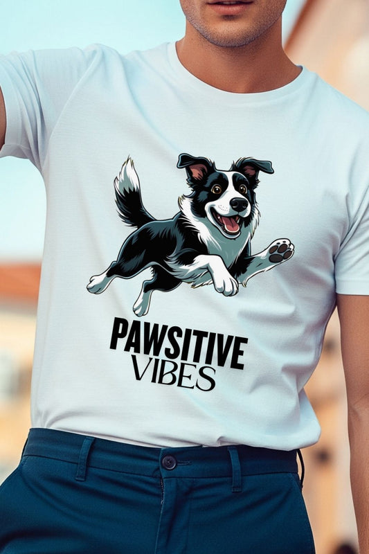 Close-up of the 'PAWsitive Vibes' graphic on a white t-shirt, showcasing the detailed illustration of a dog.