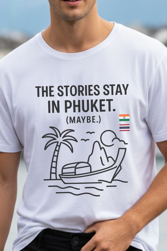 Oversized white t-shirt with text and graphic design worn by a man, with a blurred background.