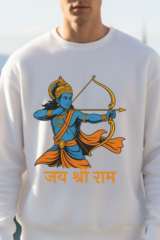 Close up of a man wearing a white sweatshirt with a graphic of Lord Rama holding a bow and arrow, with text below on a plain background.