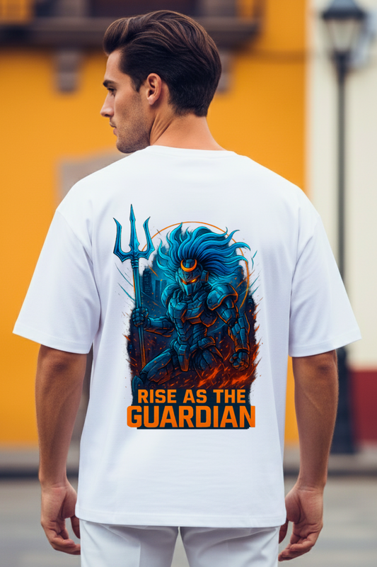 Man wearing a white t-shirt with a blue dragon graphic and 'Rise as the Guardian' text on the back.