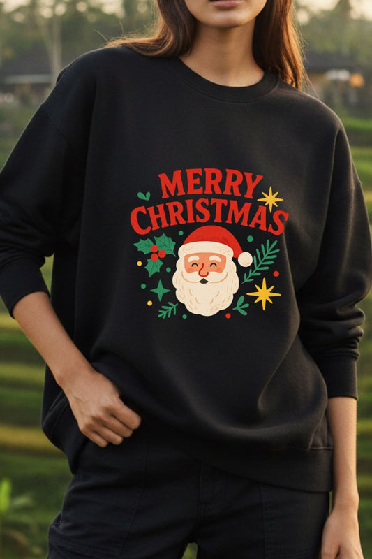 Close up of woman wearing a black Christmas-themed sweatshirt with Santa Claus and 'Merry Christmas' text.